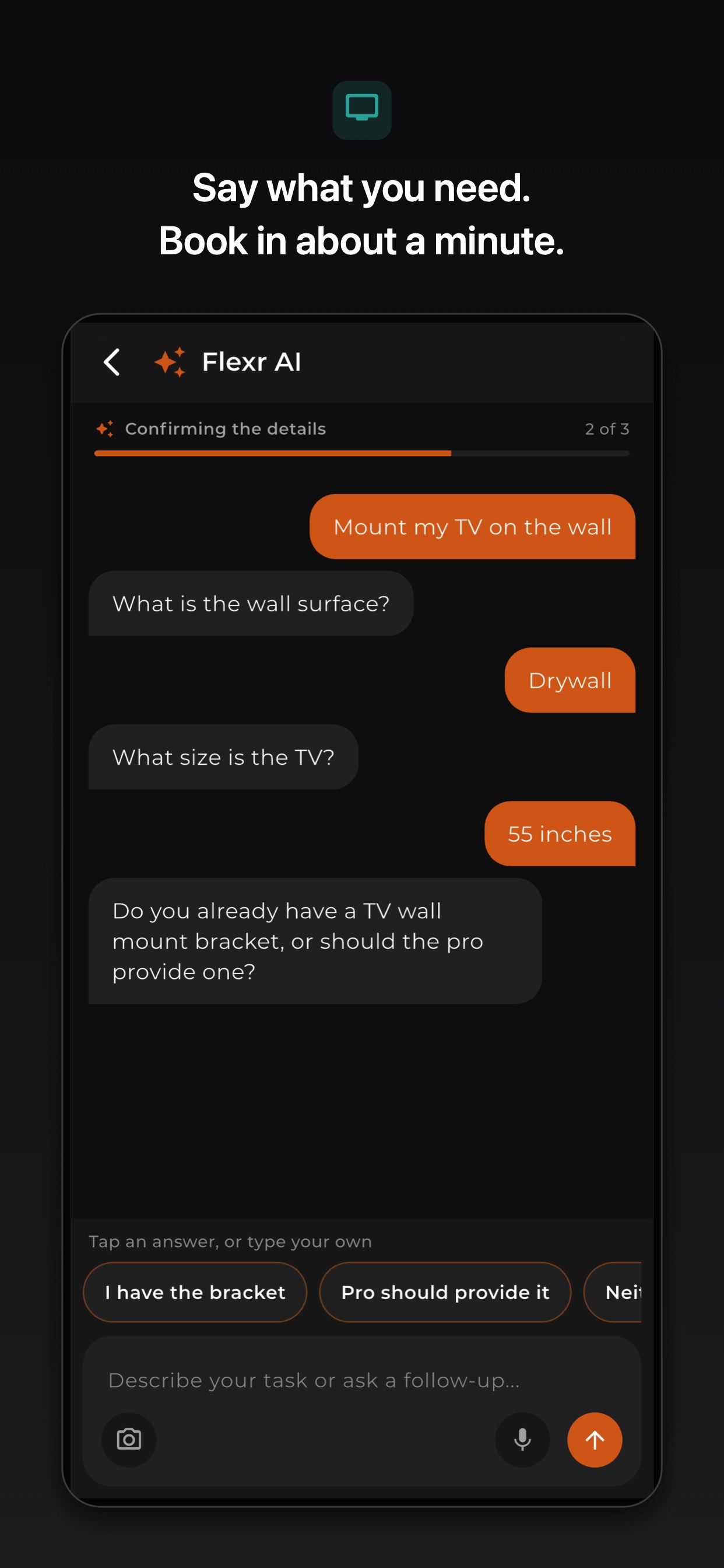 Flexr AI booking conversation for a TV mounting job