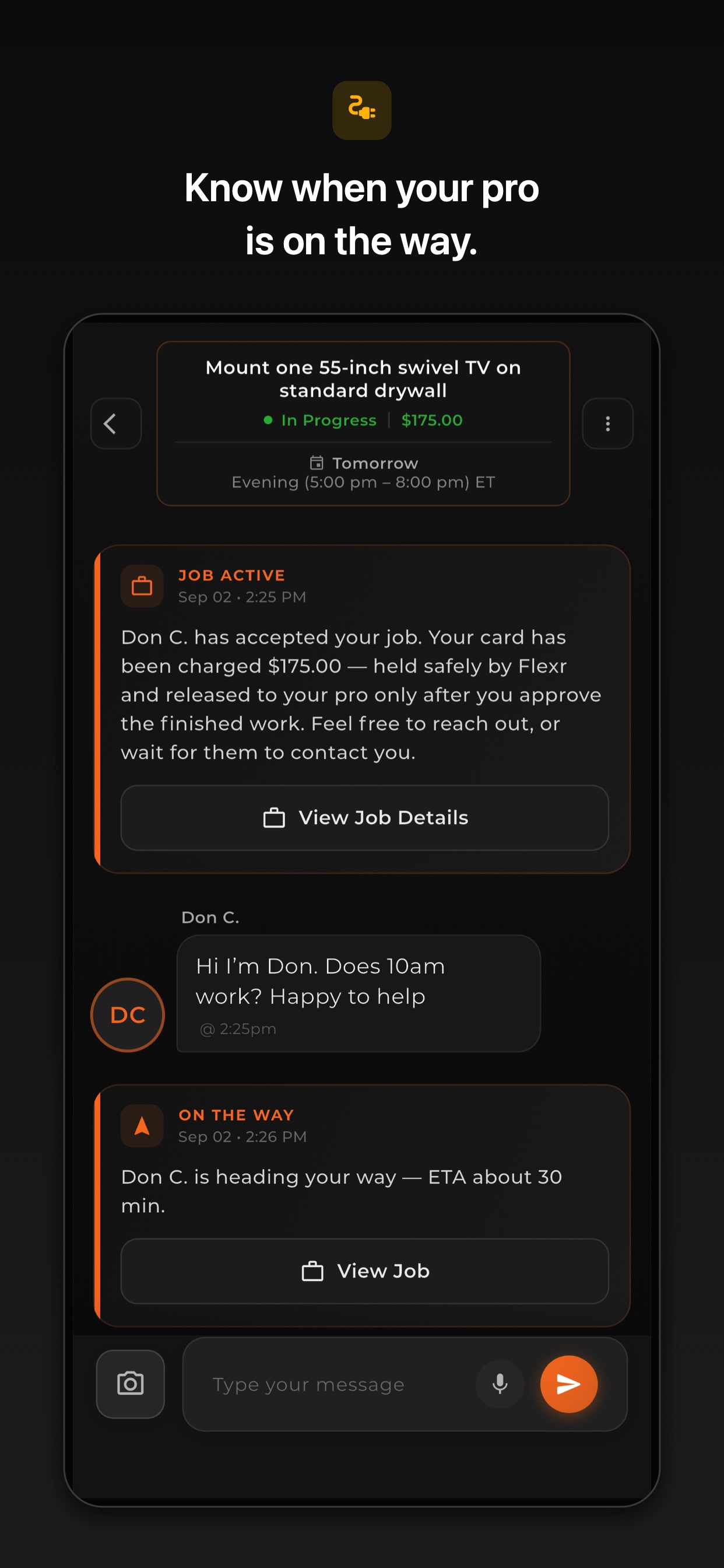 Flexr message showing the pro is on the way with an estimated arrival time